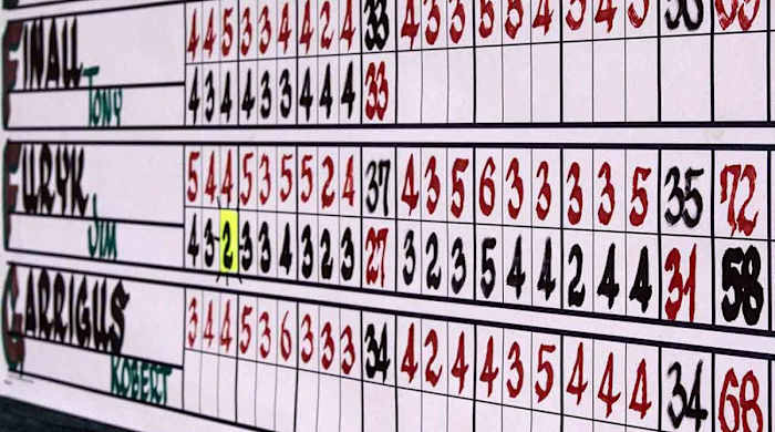 A scoreboard shows Jim Furyk's 58 at the 2016 Travelers Championship.